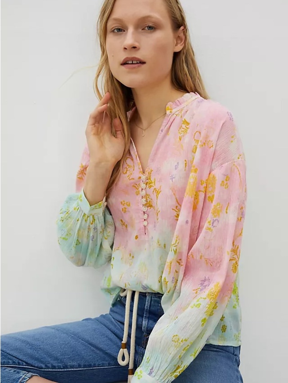 Pilcro Floral Ombre Peasant Blouse - Pink Green